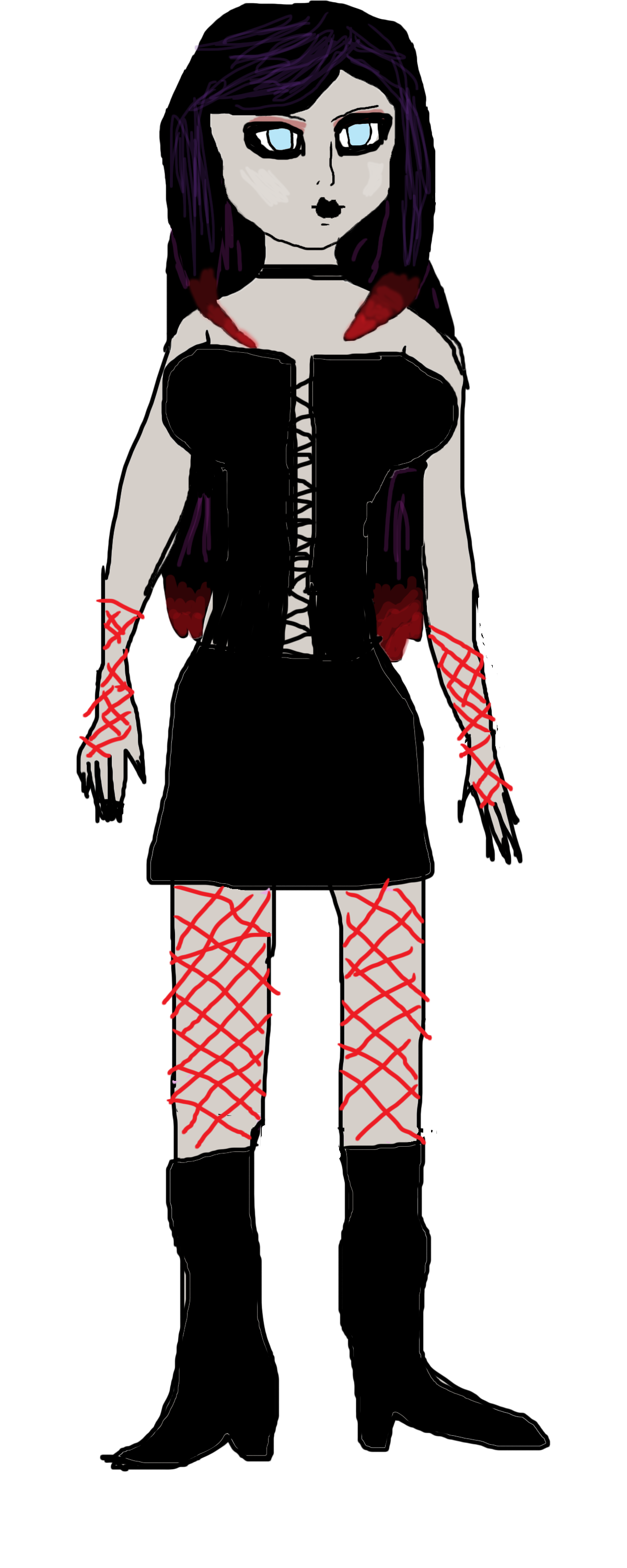 Ebony looking goffik in a corset, combat boots, and red fishnets