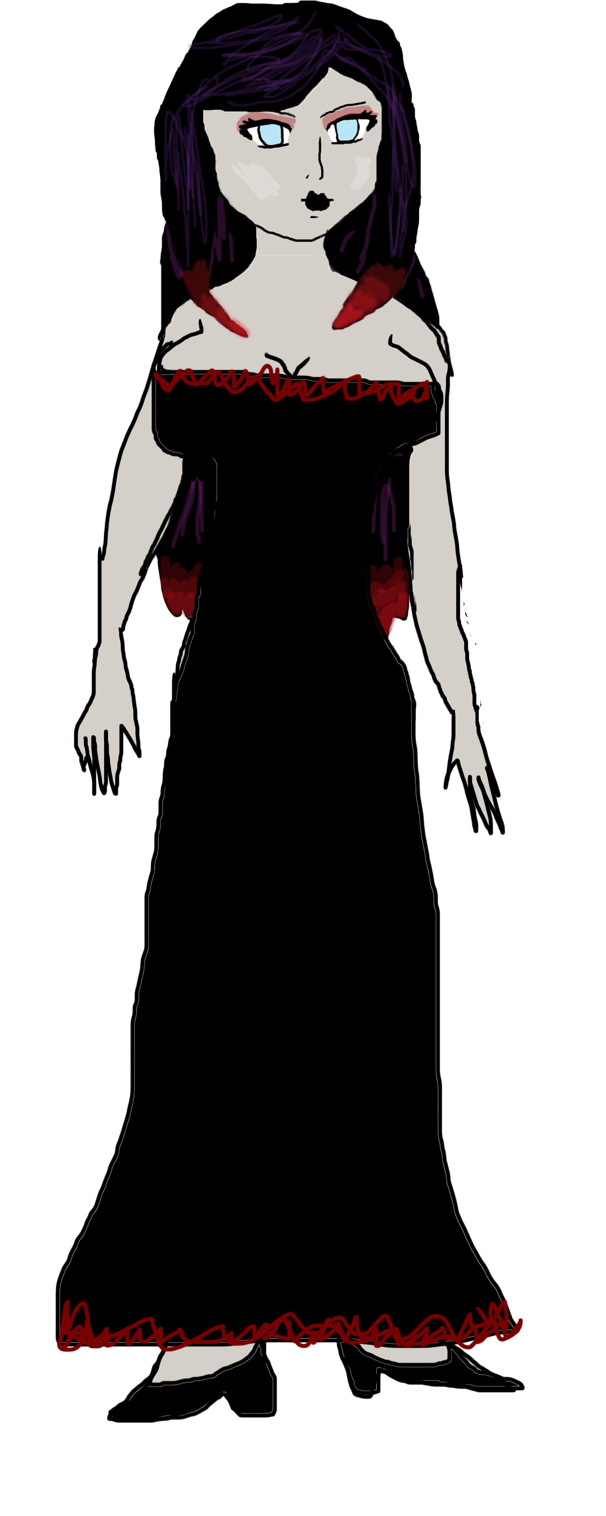 Ebony looking goffik in a long black dress with red trim