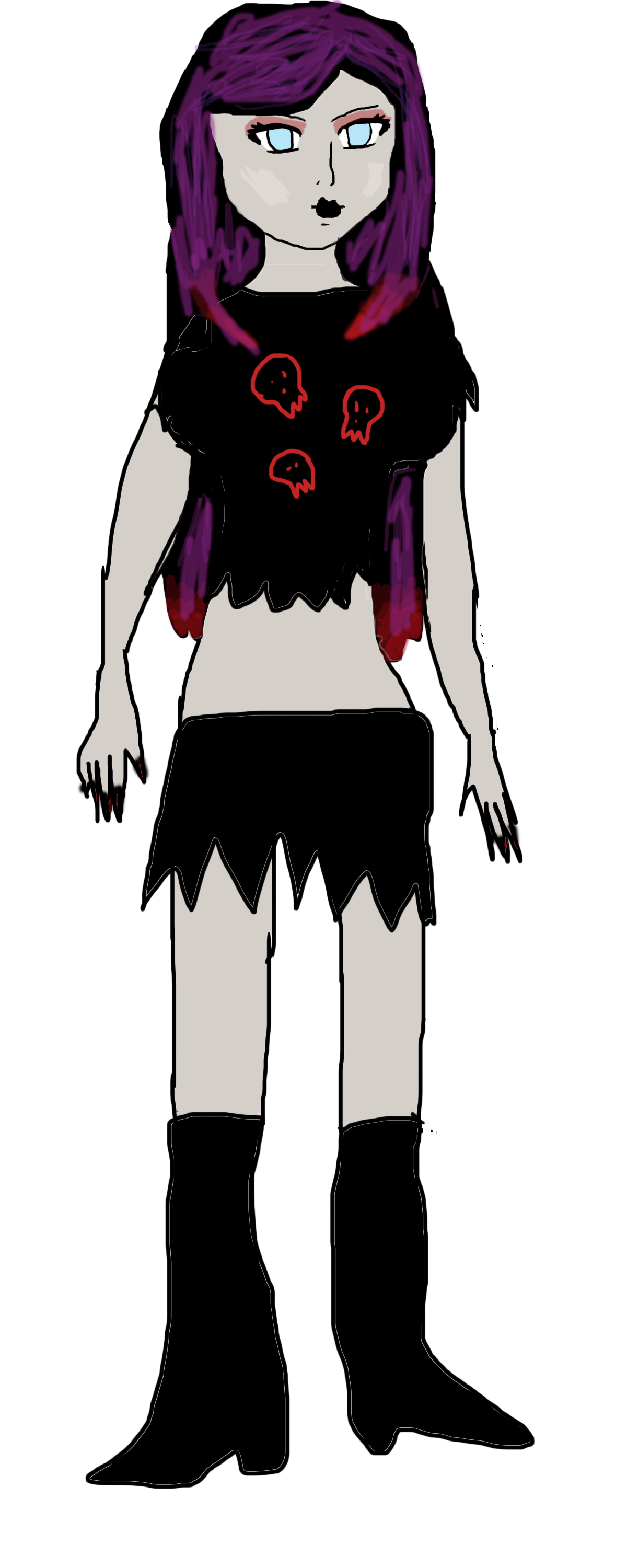 Ebony has dyed her hair purple with red streaks and is wearing a crop top and mini skirt